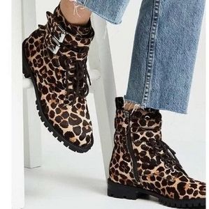 NEW! REBECCA MINKOFF Jaiden Cowhide  Animal Print Combat Boots Size 10